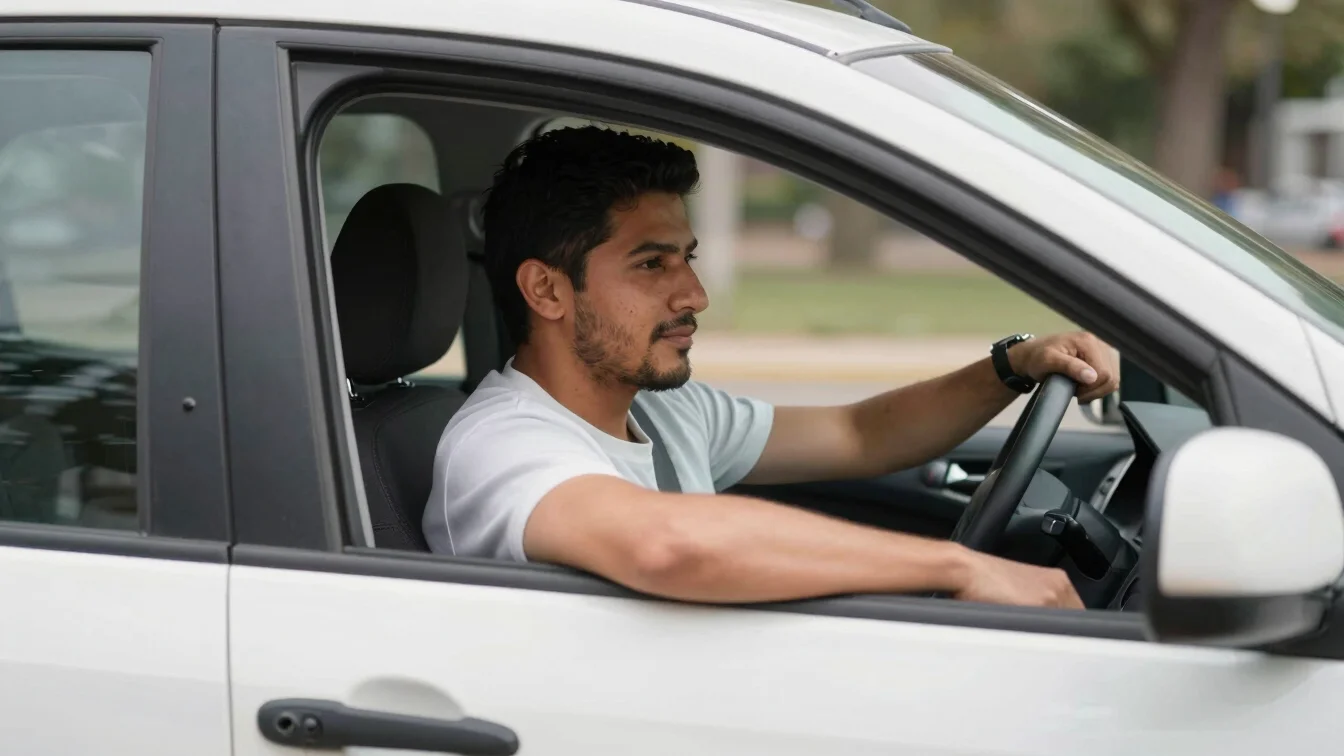 Conductor tranquilo al volante de un coche moderno, con luz natur